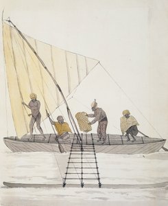 Eingeborene von Iles Basses und balanciertes Segelkanu, Aquarell von Jules-Louis Lejeune, aus Duperreys Reise von French School