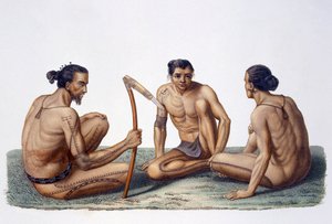 Einheimische der Insel Oualan, Karolinen-Archipel, 1826 von French School