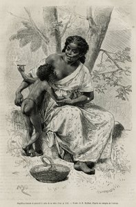 Negillon raucht und nimmt den Busen ihrer Mutter, in der Region Darien (östliches Panama), Gravur nach einer Zeichnung von D. Maillart, zur Illustration der Geschichte Exploration am Isthmus von Panama und Darien von A. Reclus, Schiffslieutenant, 1876-1878