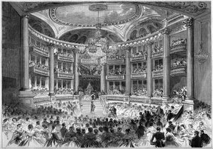 Neoklassische Architektur: Ansicht des Saals des Grand Théâtre de Bordeaux (1773-1780) anlässlich des Balls zu Ehren des Besuchs von Kaiser Napoleon III und Kaiserin Eugénie de Montijo. Bordeaux, Gironde (33) von French School