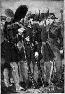 Neue Uniformen der französischen kaiserlichen Garde im Jahr 1860. Gravur in „Le Monde Illustré“ Nr. 165 vom 9. Juni 1860. von French School