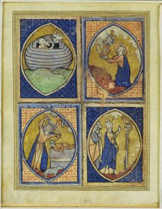 Noah empfängt die weiße Taube, Moses empfängt die Gesetzestafeln, das Opfer Abrahams, Moses und die eherne Schlange, spätes 13. Jahrhundert von French School