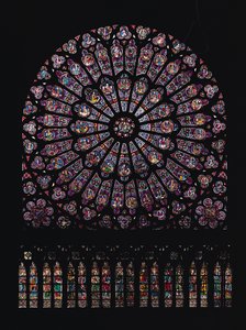 Nordtransept-Rosenfenster, das die Jungfrau und das Kind im Zentrum umgeben von alttestamentlichen Figuren darstellt, entworfen ca. 1250