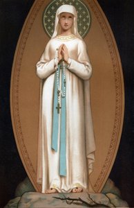 Notre Dame de Lourdes: Darstellung der Jungfrau Maria, wie sie Bernadette Soubirous 1858 in der Höhle von Lourdes erschienen sein soll. Chromolithographie. Frontispiz von „Notre Dame de Lourdes“ von Henri Lasserre