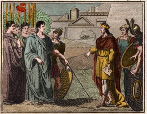 Numa Pompilius, legendärer zweiter König von Rom, gibt den heiligen Schild an die Priester des Mars zurück von French School