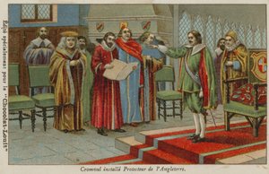 Oliver Cromwell als Lordprotektor von England, Schottland und Irland vereidigt, 1653 von French School