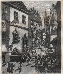 Am 20. Mai 1636 wurden acht Fälscher in der Rue Champfleuri von zwei Polizeikommissaren begleitet von einem Dutzend Sergeanten verhaftet - in „Paris a travers les siecles“ von Nicolas Jules Henri Gourdon de Genouillac von French School