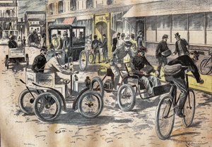 Erste Tests von Fahrrädern und verschiedenen Automobilen für den Posttransport am 5. Oktober 1899 von French School