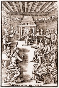 Eröffnung des Kurses der transmutatorischen Chemie - Gravur von 1653 in „LE VRAY ET METHOD COURSES DE PHYSICS RESOLUTIVE“ von Annibal Barlet von French School