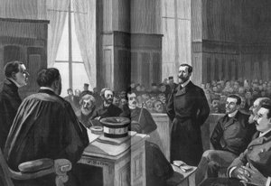 Eröffnung der Verhandlungen der Liga der Patrioten im Jahr 1889. Präsident Gillet, Naquet, Laisant, Laguerre, Deroulede, Richard, Turquet, Gallian. von French School