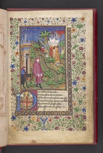 Eröffnungsseite. Ein Herr in einer Landschaft, gefolgt von einem anderen auf einem Pferd, mit drei Damen. Le livre des quatre dames; von Alain Chartier