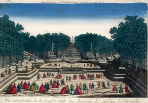 Optische Ansicht: Perspektivische Ansicht des großen Saals der Haine der Gärten von Versailles. Gravur aus dem 18. Jahrhundert von French School