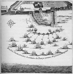 Ordnung der französischen Schiffe für den Angriff auf Algier im Jahr 1683. Gravur in „La Marine et les colonies: commerce“