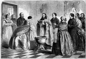 Orthodoxer Ritus - Taufe: Taufzeremonie nach griechischem Ritus in der oberen russischen Gesellschaft im Jahr 1858. Das Kind wird dem Papst von seiner Patin vor der Taufe im Taufbecken präsentiert. Gravur in „Le Monde Illustré“ Nr. 81 vom 30. Oktober