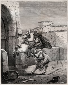 Otto II., Heiliger Römischer Kaiser vor Paris - Otto II. des Heiligen Reiches, bekannt als der Rote (955-983), ärgert sich, dass er nicht in Paris eindringen kann (Belagerung von Paris, 978), und geht unter die Mauern der Stadt, um seinen Speer in das Tor 