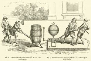 Otto von Guericke versucht, ein Vakuum in einem Fass zu erzeugen, Zweites Gefäß, das von Otto von Guericke verwendet wird, um ein Vakuum zu erzeugen von French School