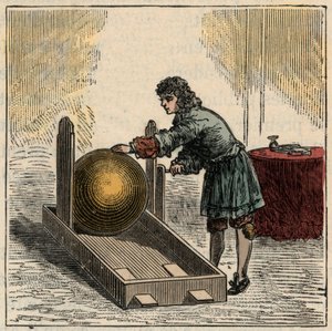 Otto von Guericke (1602-1686), deutscher Physiker, der den ersten statischen Elektrizitätsgenerator bedient