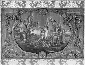 Über-Tür-Panel mit chinesischem Motiv, ca. 1730 (polychrom & vergoldetes Holz) von French School
