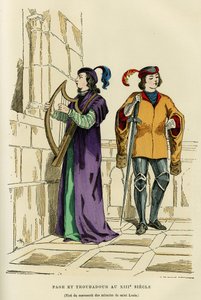 Page-Kostüme und Troubadour im 13. Jahrhundert. Farbgravur nach einer Zeichnung des Manuskripts der Wunder von Saint Louis (Louis IX 1214-1270), in „Frankreich und die Franzosen durch die Jahrhunderte“ von Augustin Challamel, F. Roy Herausgeber, Paris 1882 von French School