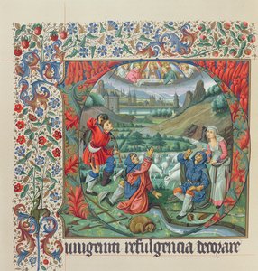 Seite aus einer Faksimile-Ausgabe von Missel de Jouvenel des Ursins mit einer historierten Initiale und einer Ansicht von Paris und der Seine im 15. Jahrhundert von French School