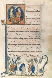 Seite aus einem Manuskript für einen Pariser Sänger, mit Illustrationen der Heiligen Dreifaltigkeit und dem Spiel Blindekuh, ca. 1280-1315 von French School