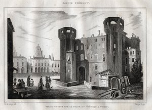 Palast von Aosta auf der Place du Chateau in Turin - Gravur aus „Italien malerisch“ - Historische und beschreibende Malerei von Italien“ von M. de Norvins, Ch. Nodier 1834-1836 von French School