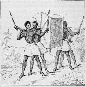 Sänftenreise zur Insel Bourbon (Réunion) im 18. Jahrhundert. Gravur in „La Marine et les colonies: commerce“