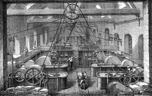 Papierindustrie: Werkstatt zur Veredelung und Bleichung von Papiermasse. Gravur 1867