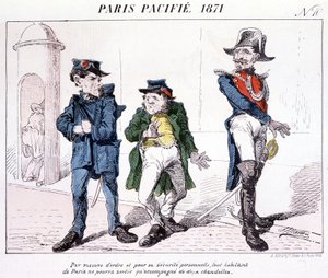 Paris befriedet 1871 - Als Maßnahme der Ordnung und persönlichen Sicherheit darf jeder Bewohner von Paris nur mit zwei Kerzen ausgehen. Karikatur über die Kommune. von French School