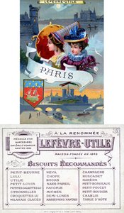 Paris, Vorder- und Rückseite einer Werbekarte für Lefèvre-Utile (LU) Kekse, späte 19. Jahrhundert von French School