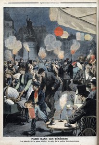 Paris im Dunkeln - Die Umgebung des Place de Clichy, am Abend des Elektrikerstreiks - „Le petit Journal“, März 1907 (Gravur) von French School