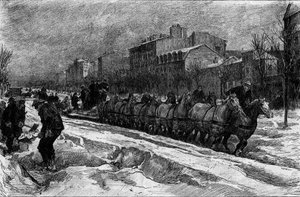 Paris unter dem Schnee, Winter 1879-1880: der Schneepflug des Boulevard Montparnasse. Gravur in „Le Monde Illustré“ Nr. 1188 vom 3. Januar