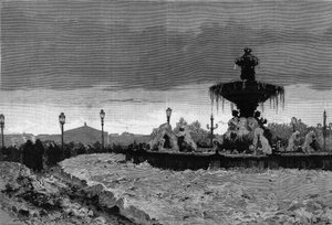 Paris unter dem Schnee, Winter 1879-1880: Ansicht eines der Brunnen auf der Place de la Concorde während des Frosts. Gravur von Scott in 