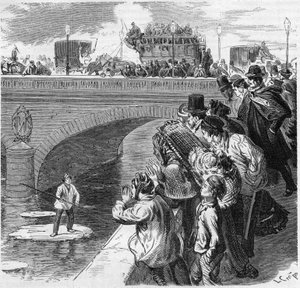 Paris, Winter 1870: Ein Kind klettert auf einen Eiszapfen, der in Richtung Seine treibt, von der Bercy-Brücke bis zum Passy-Viadukt. Gravur in „Le Monde Illustré“ Nr. 672 vom 26. Februar 1870 von French School