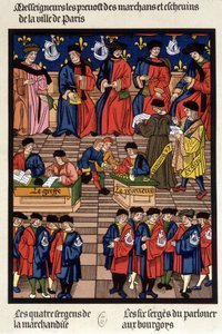 Pariser Handelsverkehr: die Prévôts der Kaufleute und Schöffen, der Transplantat, der Empfänger, der Staatsanwalt, der Schreiber, die Warensergeanten... - Faksimile einer Miniatur des Mittelalters von French School