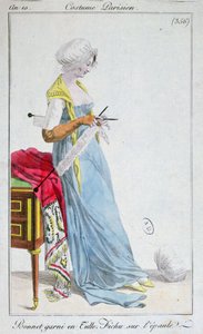 Pariser Kostüm: Haube mit Tüll besetzt, Fichu auf den Schultern, 1802
