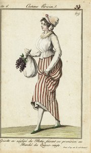 Pariser Ladenmädchen im legeren Morgenkleid, 26. März 1798 (handkolorierte Kupferstichgravur) von French School