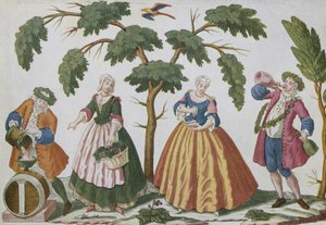 Bauern und Bürger beim Weingeschäft (Farbstich) von French School
