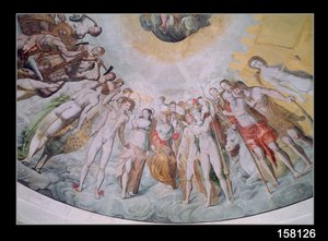 Menschen vom Hof der Medici, mit Karl IX. als Janus in der Mitte, zu seiner Rechten Katholiken, die Waffen für den Krieg schmieden, zu seiner Linken die Protestanten, auch Katharina de Medici als Juno und Diane von French School