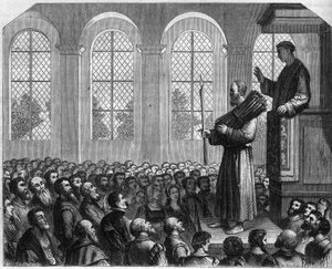 Verfolgungen von Protestanten in England im 16. Jahrhundert: öffentliche Buße von James Bainham (Baynham) in Saint Paul. Wegen Ketzerei angeklagt, wurde er verurteilt, während einer gegen ihn gehaltenen Predigt vor der Kanzel zu stehen, ein Reisigbündel au von French School