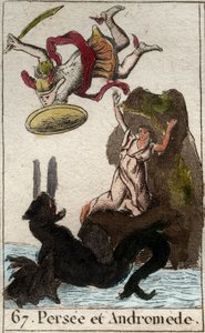 Darstellung von Perseus, der Andromeda rettet, die an einen Felsen gekettet ist. Aus „Mythologie der Jugend“ von Pierre Blanchard 1803 von French School