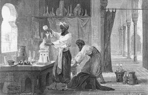 Persischer Alchemist Rhazes in seinem Labor (Gravur) von French School
