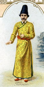 Persischer Mann. Ausgabe der Pariser Lithografie, Ende des 19. Jahrhunderts. Serie von 25 Werbechromos für die Dijon-Fabrik von Biscuits Pernot, gegründet 1869. (Detail) der Figuren in traditioneller Tracht