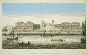 Perspektivische Ansicht des Greenwich Hospital an der Themse, graviert von Huquier von French School