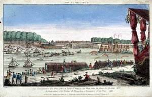 Perspektivische Ansicht von Festen, Spielen und Feuerwerk auf dem Wasser, zwischen Place Louis XV und Palais Bourbon, anlässlich des Friedens