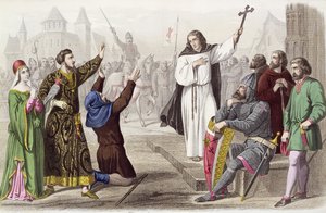 Peter der Einsiedler (1050-1115) predigt während des Ersten Kreuzzugs im Jahr 1095 von French School