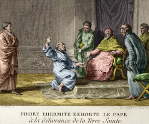 Peter der Einsiedler ermahnt Papst Urban II. zur Befreiung des Heiligen Landes im Jahr 1093 (Peter der Einsiedler predigt den ersten Kreuzzug) - Gravur aus den Figuren der Geschichte Frankreichs, sp. 18. Jahrhundert von French School