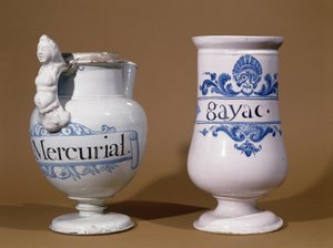 Pharmazeutische Gefäße für Mercurial und Gayac, zwei Medikamente zur Behandlung von Syphilis, spätes 17. oder frühes 18. Jahrhundert von French School