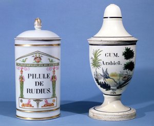 Apothekergefäße für Pilule de radius und Gummi Arabicum (Faience) von French School