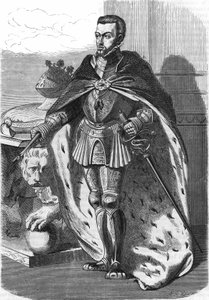 Philipp II. (1527-1598), König von Spanien. In „Histoire Populaire de la France“, ca. 1885. Gravur von French School